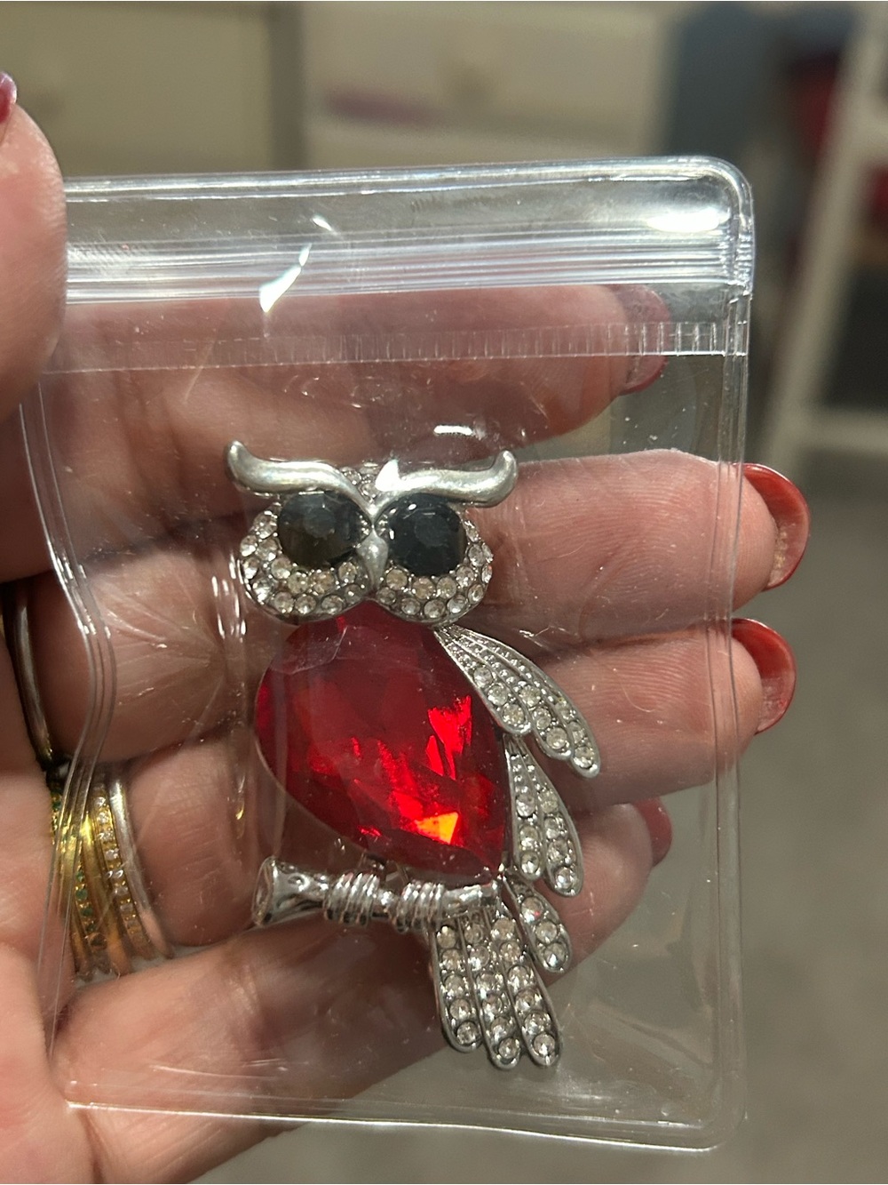 Crystal Owl Brooch with Large Red Gem